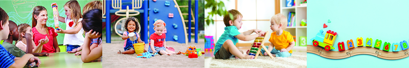 Photos of early learning and care settings: 1) a little girl stands next to her teacher and shows her a toy while other children sit around the table. 2) two little girls are playing together outside in sand and a play set is visible in the background. 3) two toddler boys are playing indoors on the floor with an abacus and shelves with books, blocks and toys are visible in the background.