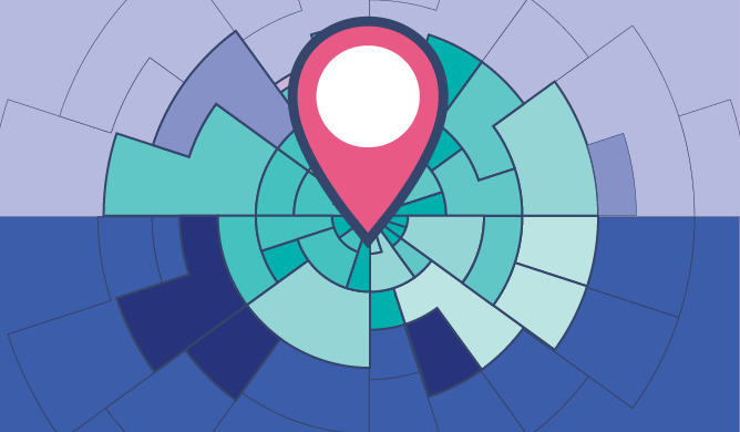 A map marker sits in the centre of a map broken up into blocks radiating from the marker
