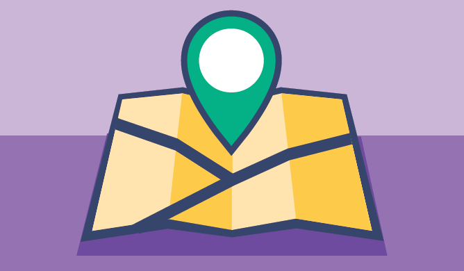 Illustration of a map with a map marker hovering above it
